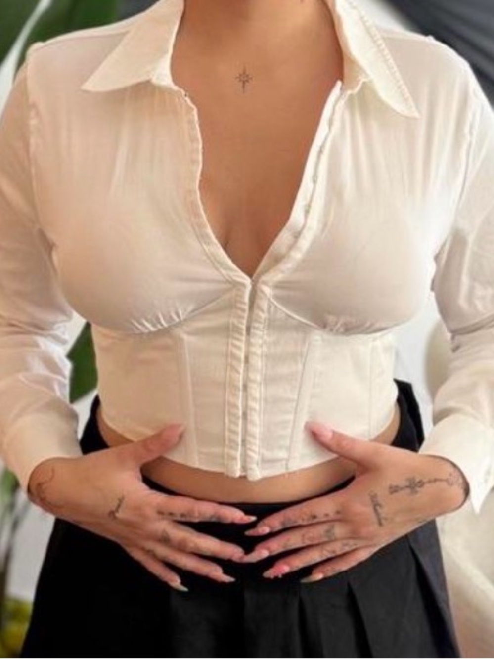Forever 21 Cream Corset-Style Button Down Crop Shirt